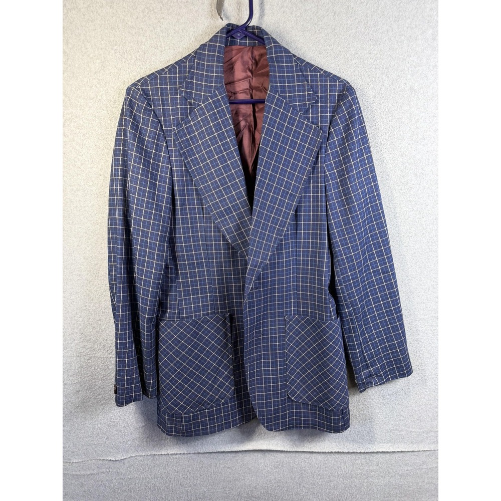Vintage Edwin Scott Sport Coat Mens 36 Blue Check Peak Lapel Patch‎ Pockets 70s